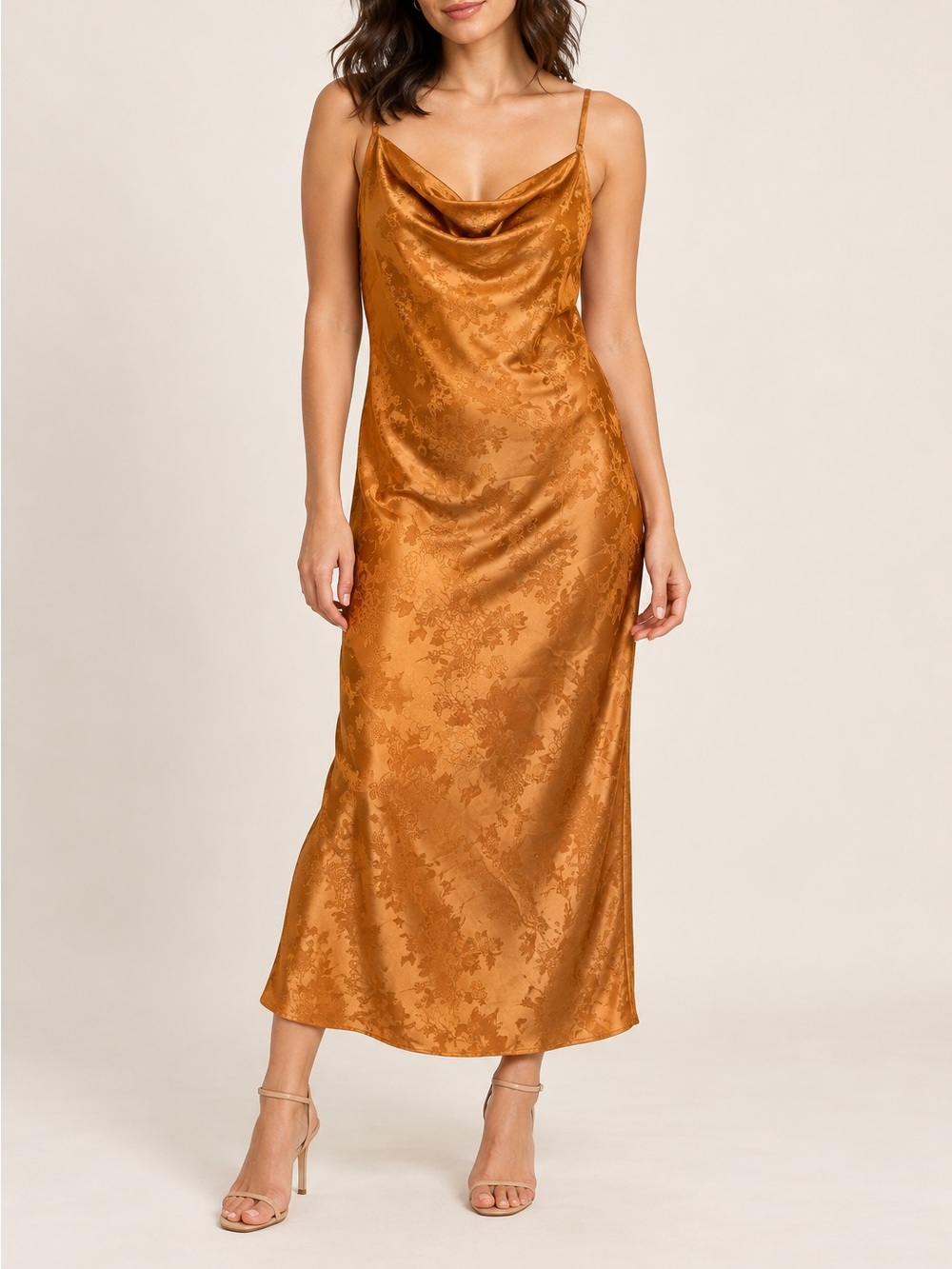 Copper Floral Satin Jacquard Slip Dress Cowl Neck Midi Nasty Gal Size 10 Wedding